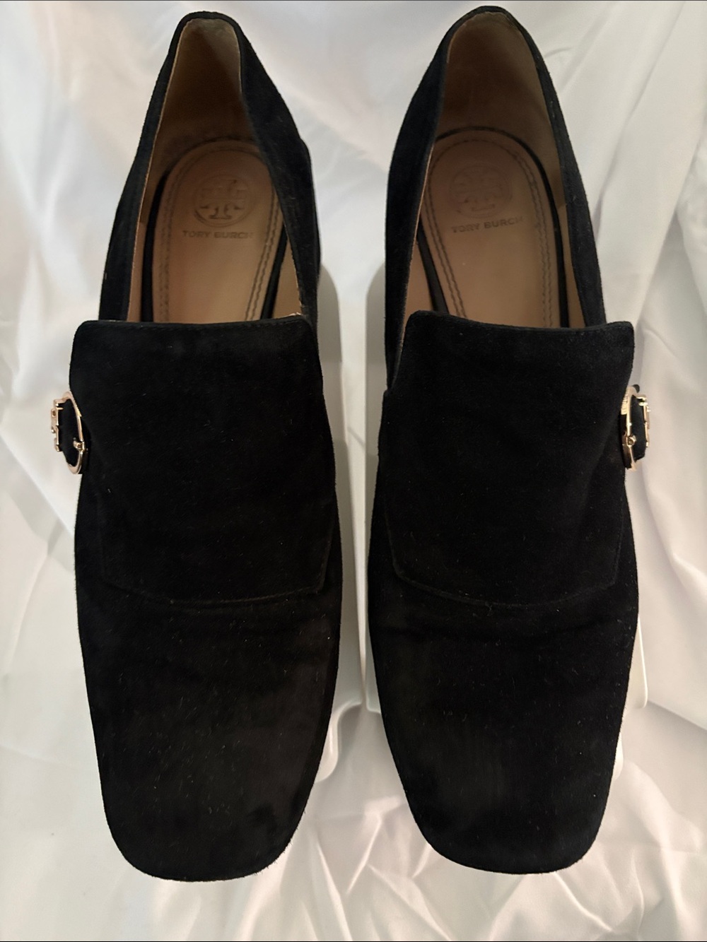 Tory Burch Black Suede Slip-On Loafers with Gold-Tone Buckle
